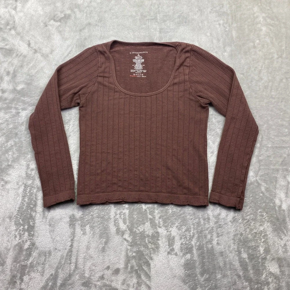 Anthropologie Brown Ribbed Scoop Neck Long Sleeve Top Scalloped Hem Medium